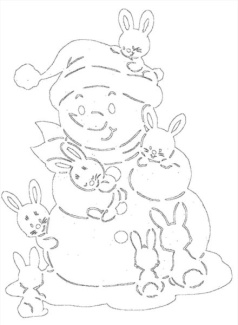 Трафарет снеговик с зайчиками малышами
